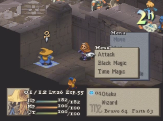 (From HCBailly’s Let’s Play. If the player were to select “Time Magic” or “Black Magic” here, a further submenu would open letting them choose the specific ability they’d like to use.)